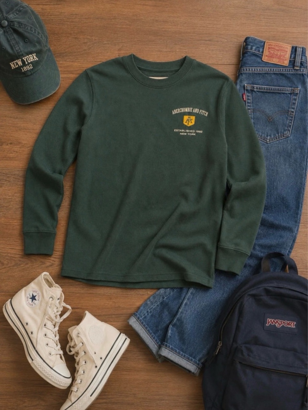 Abercrombie & Fitch Kids Dark Green Long-Sleeve Waffle Tee with Yellow Logo